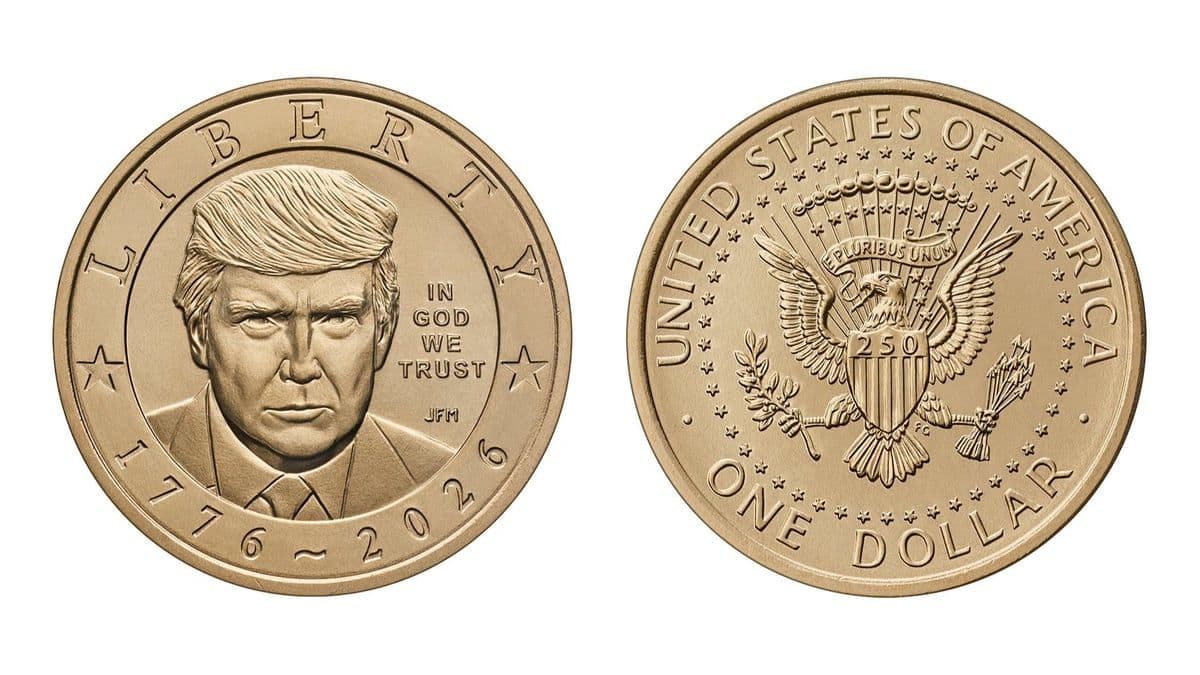 Anverso y reverso del dólar conmemorativo 1776-2026 con retrato de Trump y el sello presidencial con el número 250