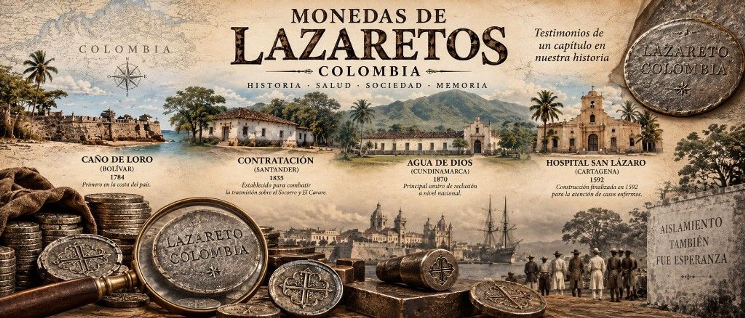 Ilustración de las monedas de lazareto en Colombia: mapa, Caño de Loro, Contratación, Agua de Dios, el Hospital San Lázaro, monedas con la cruz de San Lázaro y la leyenda «Aislamiento también fue esperanza».