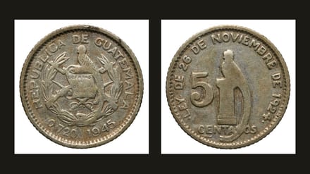 Obverse and reverse of a 1945 Guatemala 5-centavo silver coin, with the quetzal and national arms