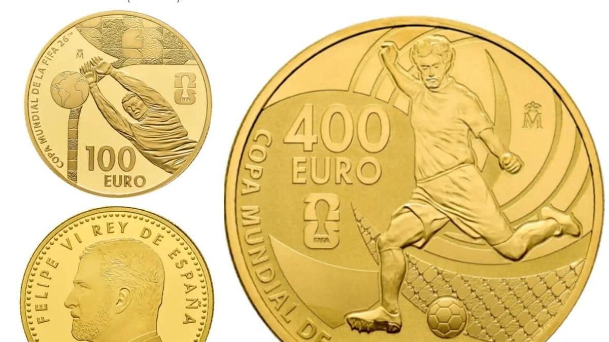 Tres monedas de oro de la FNMT por el Mundial: un anverso con Felipe VI y dos reversos, de 100 y de 400 euros, con futbolistas
