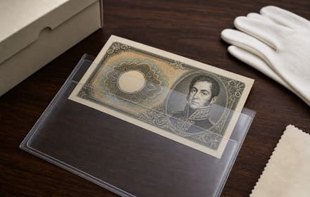 Billete antiguo de colección a medio introducir en una funda transparente de poliéster de archivo, junto a guantes de algodón y una caja libre de ácido sobre una mesa de madera
