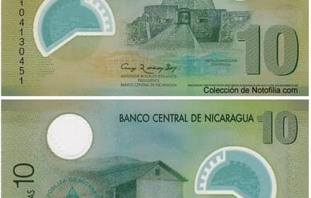 Billete de 10 córdobas de Nicaragua de 2007 impreso en polímero, con ventana transparente y elementos de seguridad