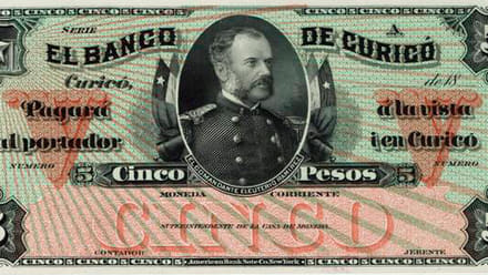 Obverse of a Banco de Curicó 5-peso note, about 1882, with Eleuterio Ramírez