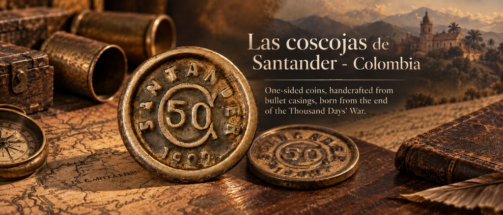 Poster for the coscojas of Santander: two 1902 brass 50-centavo pieces on a map, with cartridge cases, a compass, and a mountain landscape. The caption on the picture is in English. It is an illustration, not a scan of a piece in the collection.