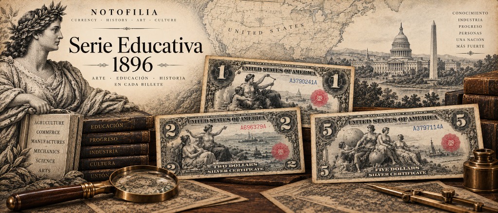 Cartel de la serie educativa de 1896: alegoría clásica, mapa de Estados Unidos, Capitolio y obelisco, y los certificados de plata de 1, 2 y 5 dólares sobre una mesa con libros, lupa y compás. Es una ilustración, no el escaneo de las piezas de la colección.