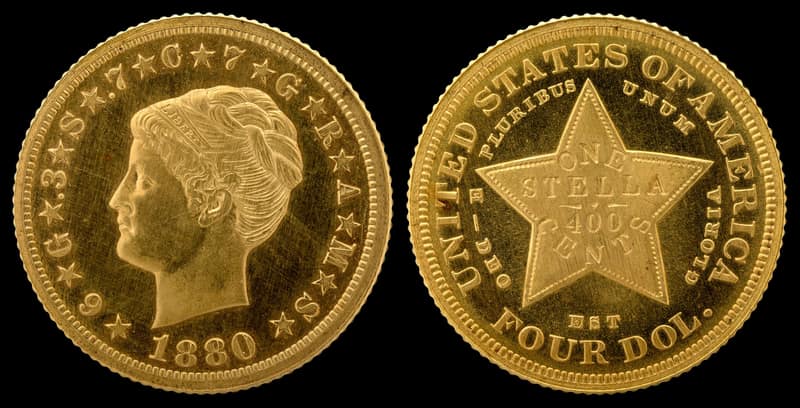 Anverso y reverso de un patrón Stella de 4 dólares Coiled Hair: Libertad de perfil y estrella de cinco puntas