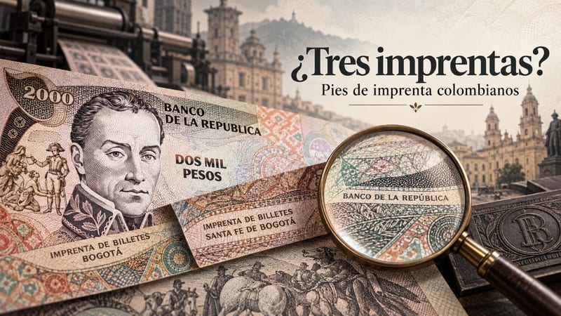 Ilustración de billetes de 2.000 pesos del Banco de la República con los pies «Imprenta de Billetes Bogotá» e «Imprenta de Billetes Santa Fe de Bogotá», y una lupa sobre «Banco de la República», ante el centro histórico de Bogotá