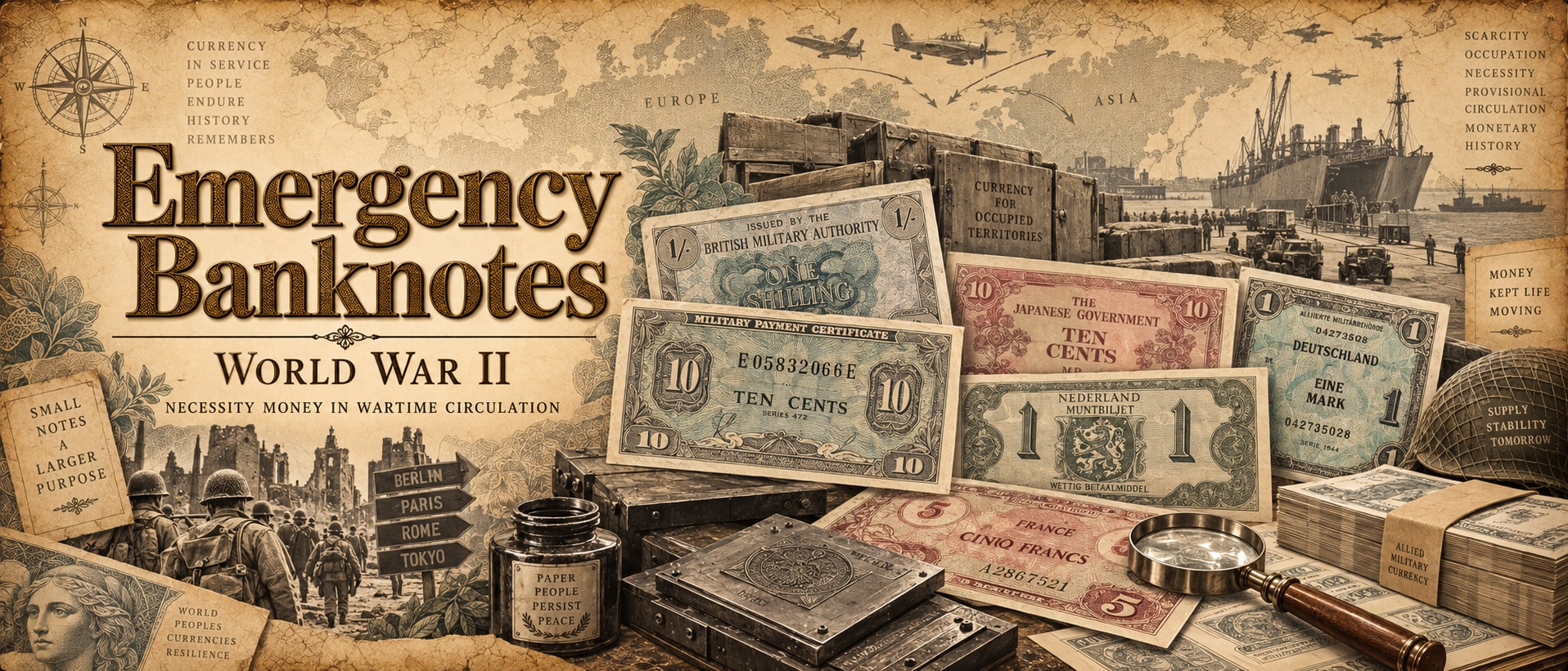 Desk illustration with World War II emergency banknotes, a printing press, and a map. Title Emergency Banknotes. Not a catalogued holding.