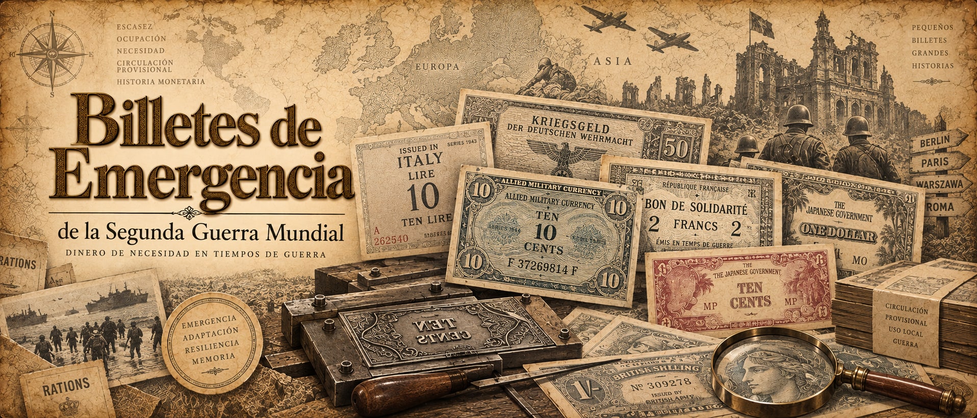 Ilustración de escritorio con billetes de emergencia de la Segunda Guerra Mundial, un tórculo y un mapa. Título Billetes de Emergencia. No es un ejemplar fichado.