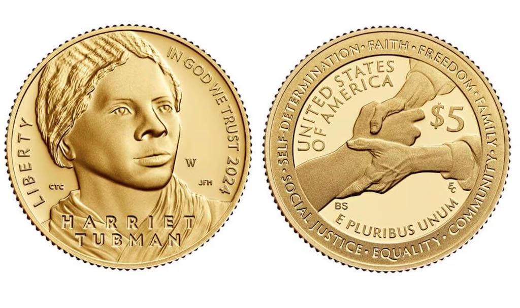 La Casa de la Moneda de los EE. UU. ha lanzado nuevas monedas conmemorativas en honor a la heroína de los derechos civiles del centro de Nueva York, Harriet Tubman, incluida esta moneda de oro de 5 dólares.